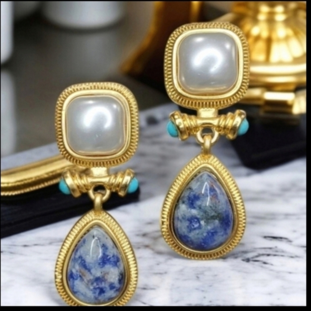 New Vintage Style Pearl Sodalite Turquoise Byzantine Earrings